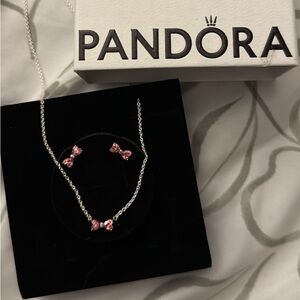 Pandora Pink Bow Necklace and Earring Set